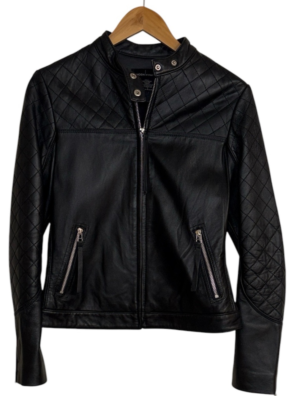 Moda International Black Leather Moto Jacket with Quilted Details
